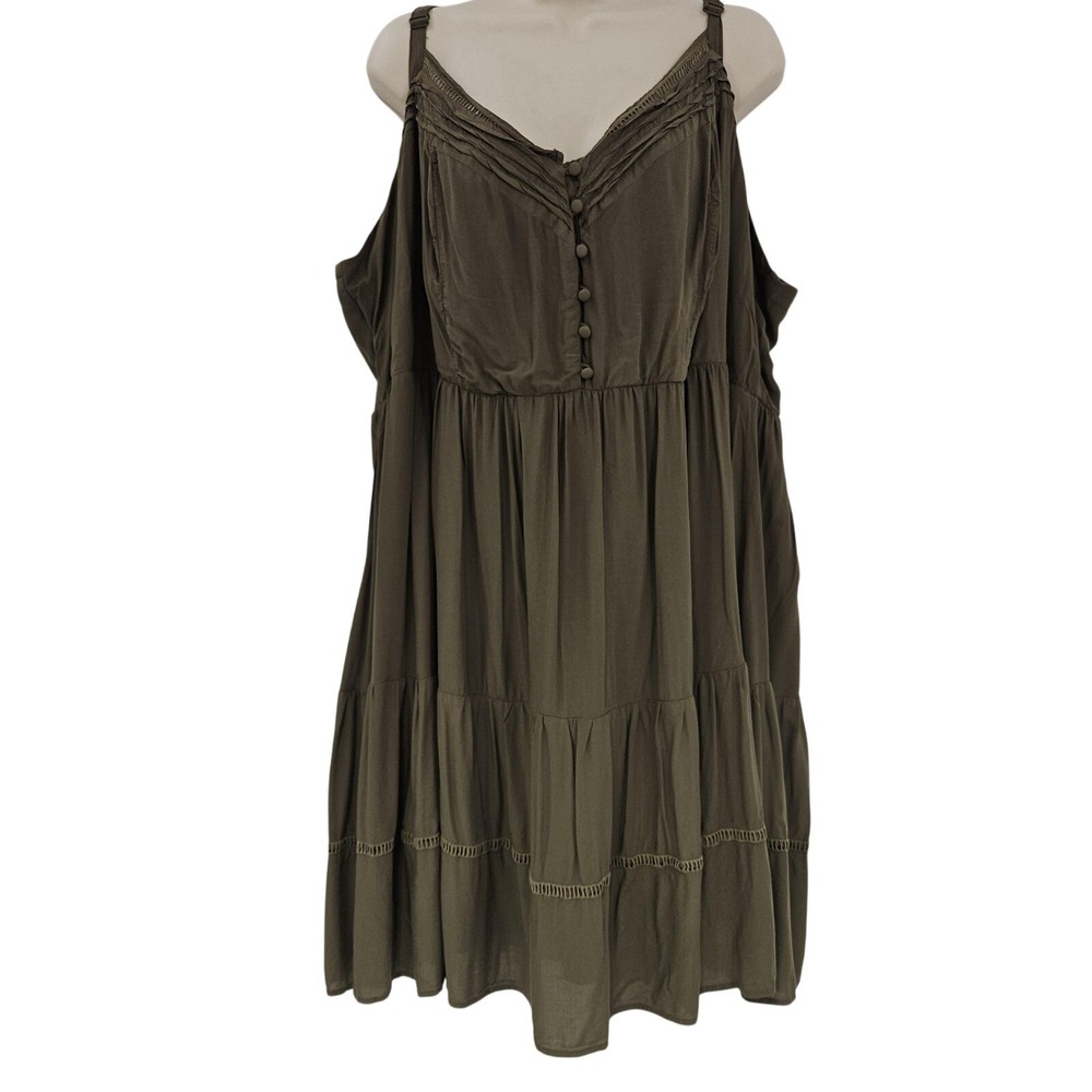 Torrid Dress Womens 4X Olive Green Button‎ Front Tiered A Line Boho Sleeveless